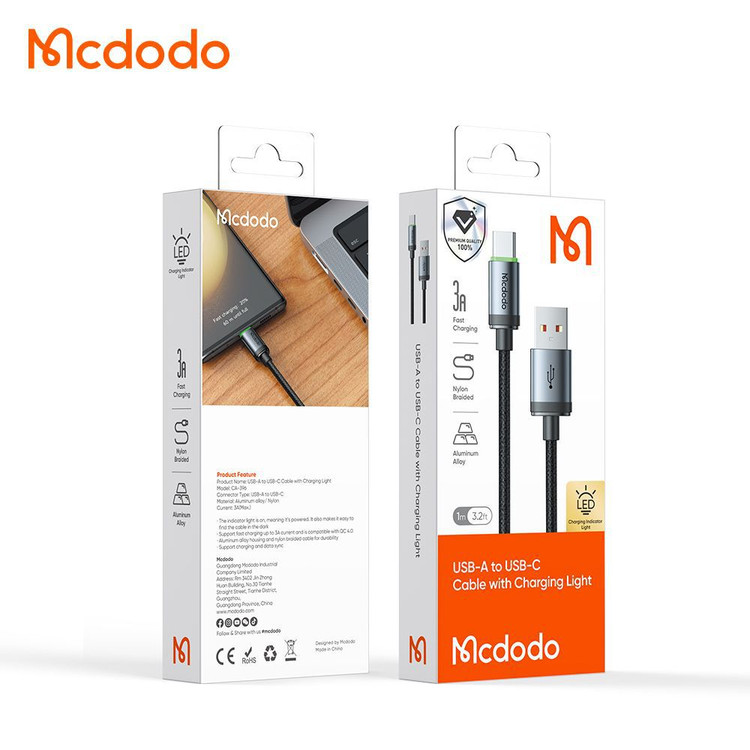 کابل شارژ USB به Type-C مک دودو مدل CA-396 طول ۱ متر چراغدار