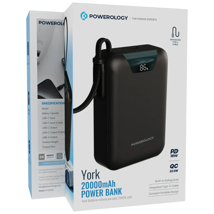 پاوربانک پاورولوژی مدل York PPBM102 ظرفیت 20000 میلیآمپر توان 22.5 وات